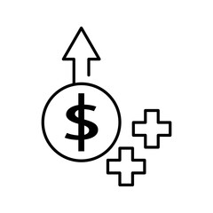 Obraz premium Minimal outline icon featuring dollar symbol with upward arrow and plus signs representing financial growth, profit increase, revenue boost, and positive cash flow. Isolated on white background.