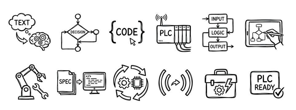 Hand-drawn doodle icon set for industrial automation, PLC programming, robotics, and software development process with flowchart and logic diagrams