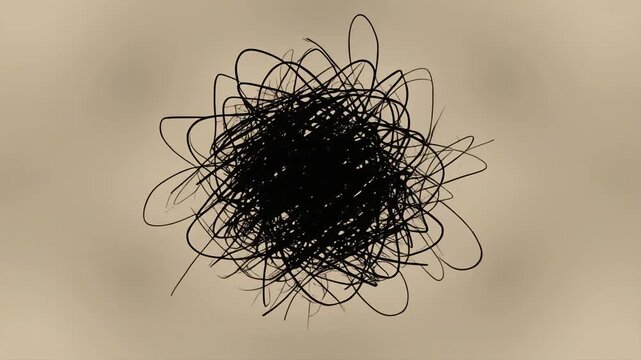 Complex abstract illustration of tangled lines and shapes on a neutral beige background viewed from directly above