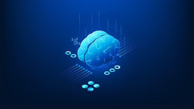Deep learning technology background brain connected to artificial intelligence systems, with flowing data streams and digital network elements, AI intelligence, data processing, advanced computation.