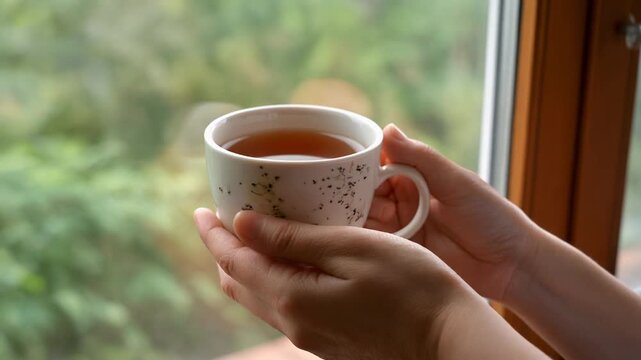 H&auml;nde halten eine Tasse Tee am Fenster &ndash; ruhige Wellness-Stimmung