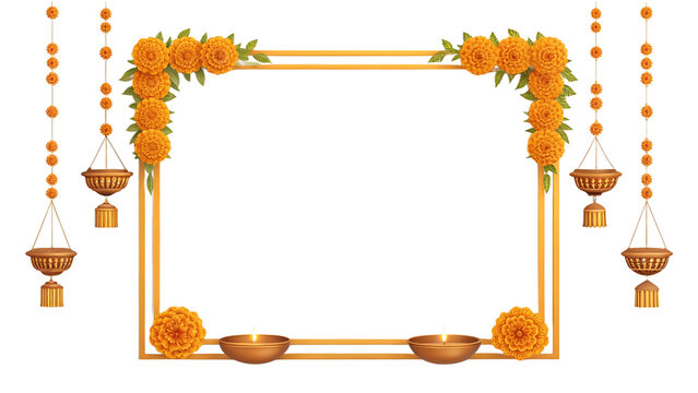Diwali decoration frame with marigold flowers and traditional indian lamps on transparent background for festive celebration transparent background