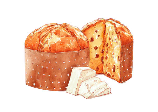 Watercolor illustration of two panettones and three pieces of white, sweet, pastry-like bread