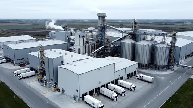 Aerial Panorama of Industrial Complex with Silos Warehouses and Semi-Trucks Under Overcast Sky for