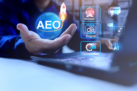 answer engine optimization concept with a person launching rocket from hand represents AEO aims to have content synthesized and cited directly within AI-generated responses