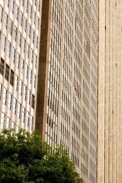 Fachada de edif&iacute;cio com janelas, vidra&ccedil;a e colunas de concreto em constru&ccedil;&atilde;o moderna no centro hist&oacute;rico da cidade de S&atilde;o Paulo.  