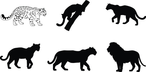 Big cat silhouettes, snow leopard illustration, wild feline vector, black white graphic, animal posture icons, predator species art, jungle theme © Ali