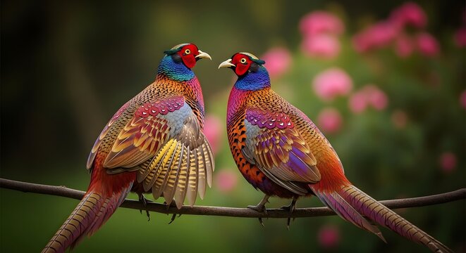 Two colorful pheasants perched on a branch in a garden with pink flowers