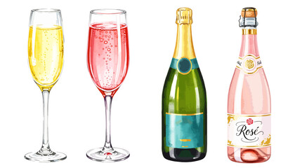 シャンパンとロゼスパークリングワインのボトルとグラス