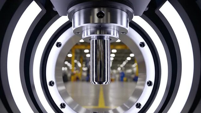 Precision-machined metallic spindle extending from sophisticated industrial equipment featuring bright white illumination encircling the central component in a manufacturing environment.