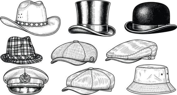 Set of Vintage Hand Drawn Hat Sketches Including Cowboy Hat, Top Hat, Bowler, and Captain Cap Isolated on White Background