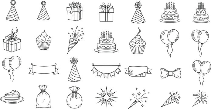 Birthday party doodle line icon set with cake, balloons, gifts, hats, banners