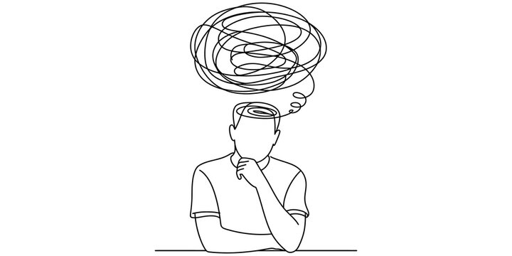 A simple line drawing of a man thinking with a large tangled mess of thoughts above his head.