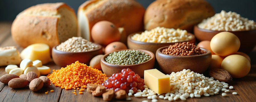 Various food items like bread pasta lentils and eggs arranged together. Sources of carbs and protein for healthy balanced diet and energy for body fuel. Ingredients for meals.