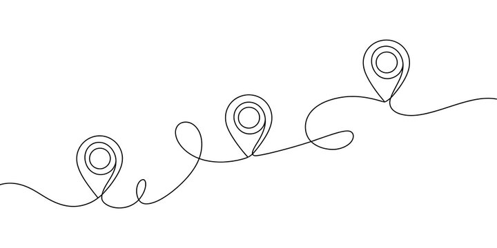 Continuous one line drawing of map location pins showing a travel path or journey route.