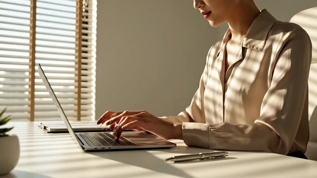 Focused Asian Businesswoman Typing on Laptop in Sunny Office