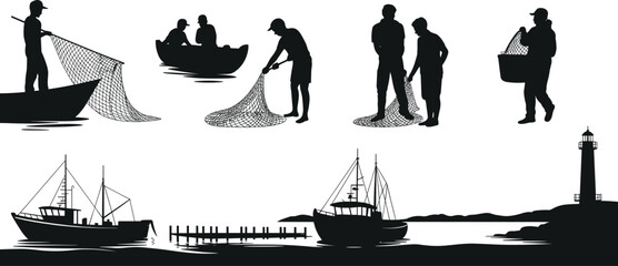 Fishing, boat, silhouette, set, fisherman, net, lighthouse, sea, ocean, commercial, industry, ship, harbor, vessel, coast, water, vector, icon, collection, black, © Abu