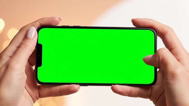 Hands holding phone with green screen display for technology mockup