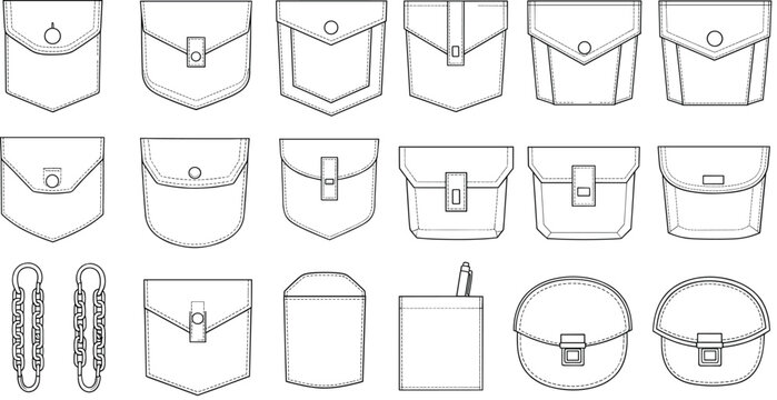 Technical Vector Set of Garment Pocket Templates and Utility Details for Fashion Design and Tech Packs Isolated on White