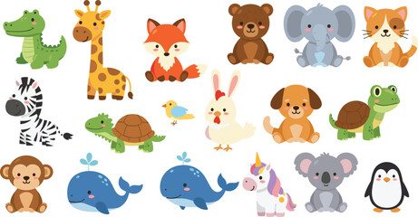 Cute baby animals set with giraffe elephant fox zebra whale koala and unicorn © KP Studio