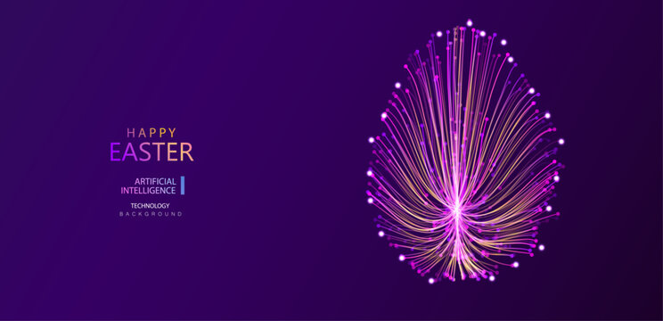 Easter egg abstract card with particles neon lines in purple and yellow tones. Concept of modern technology easter holiday design. Vector illustration.