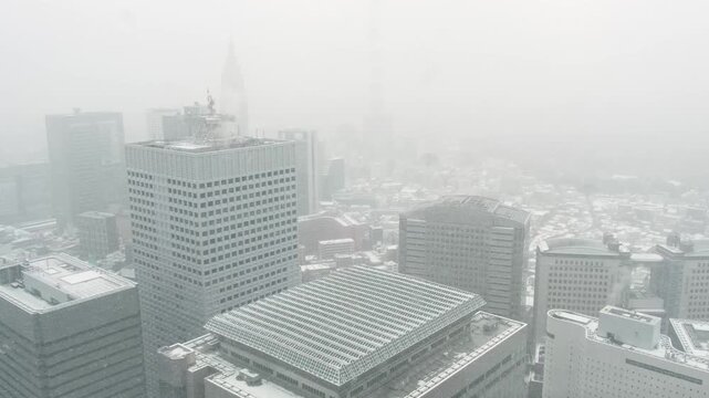 東京都庁展望台からの眺め。雪が降る東京。