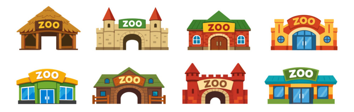 Zoo entrance buildings collection. Themed animal park architecture icons. Flat colorful city attraction facades
