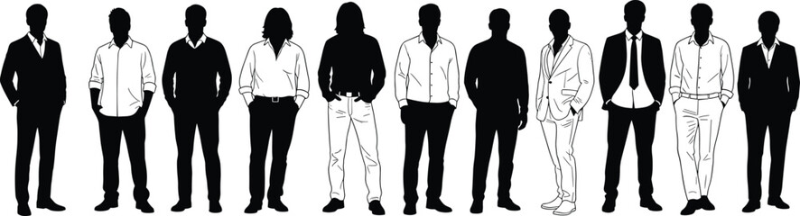 Large collection of men silhouettes in diverse professional and casual styles, set of standing male figures in suits and shirts isolated vector.