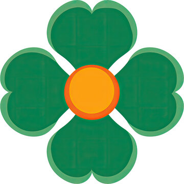 A four-leaf clover with a bright orange circle center and green petals