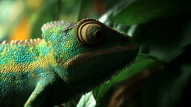 Close-up of a Green Chameleon in Natural Habitat.