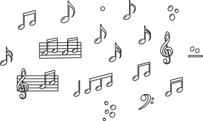 Music notes doodle set with treble clef staff and musical symbols outline © MDSelim
