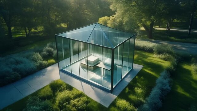 minimal eco glass pavilion surrounded by light greenery