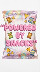 Colorful snack themed poster with powered by snacks text, playful dopamine delight icons for youth marketing, fun pop art vibe for World Mental Health Day