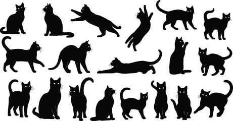 Large set of domestic cat silhouettes in various active and resting poses, group of black feline figures isolated on white background vector. © Abu