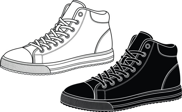 Technical Vector Outline and Silhouette of High-Top Sneakers for Fashion Design and Footwear Tech Packs Isolated on White