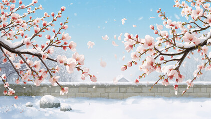 Fototapeta premium 雪の庭で向かい合う二枝の白梅が語り合う冬景