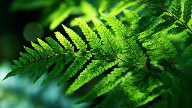 Close-up of a vibrant green fern leaf in sunlight, nature scene.