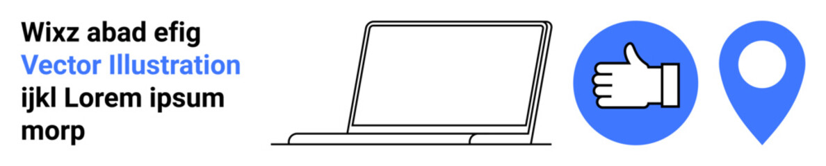 Obraz premium Digital communication, navigation, online approval, user interface design, geotagging, business marketing. A laptop outline, thumbs-up icon and location marker. Digital communication and navigation