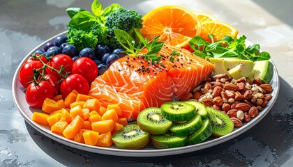 A vibrant plate of fresh, colorful foods embodying healthy nutrition and wellness. natural