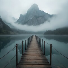 Naklejka premium Wooden pier stretches across calm water toward misty mountain peak. Evergreen trees line tranquil lake reflecting sky. Foggy landscape offers serene nature journey path.