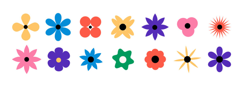 Set of colorful flat flower icons in minimalist geometric style for graphic design, pattern creation, branding, web elements, stickers, and spring themed illustrations.Vector design