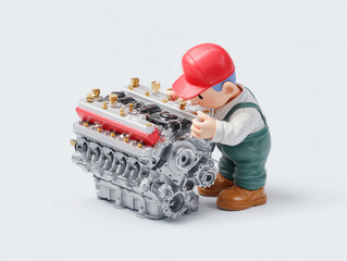 A detailed 3D cartoon mechanic in overalls and a cap meticulously fixing an engine using a wrench, isolated on a clean white background with high-key lighting.
