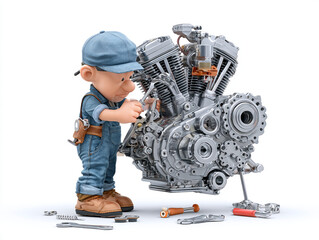 A detailed 3D cartoon mechanic in overalls and a cap meticulously fixing an engine using a wrench, isolated on a clean white background with high-key lighting.

