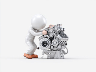 A detailed 3D cartoon mechanic in overalls and a cap meticulously fixing an engine using a wrench, isolated on a clean white background with high-key lighting.
