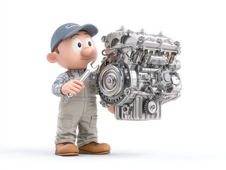 A detailed 3D cartoon mechanic in overalls and a cap meticulously fixing an engine using a wrench, isolated on a clean white background with high-key lighting.
