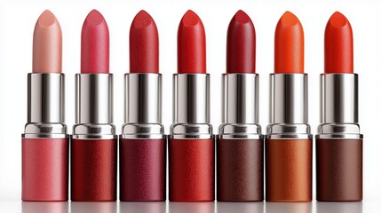 Various lipsticks are beautifully lined up in a row, showcasing a spectrum of colors from soft nudes to bold reds and warm oranges. The gleaming tubes reflect a sense of glamour and style