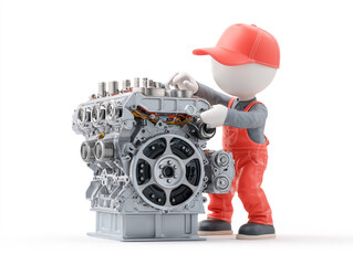 A detailed 3D cartoon mechanic in overalls and a cap meticulously fixing an engine using a wrench, isolated on a clean white background with high-key lighting.
