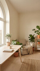 Fototapeta premium Cozy neutral living room with plants holistic wellness natural light peaceful corner