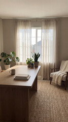Fototapeta premium Neutral beige home office with holistic wellness plants by window morning light