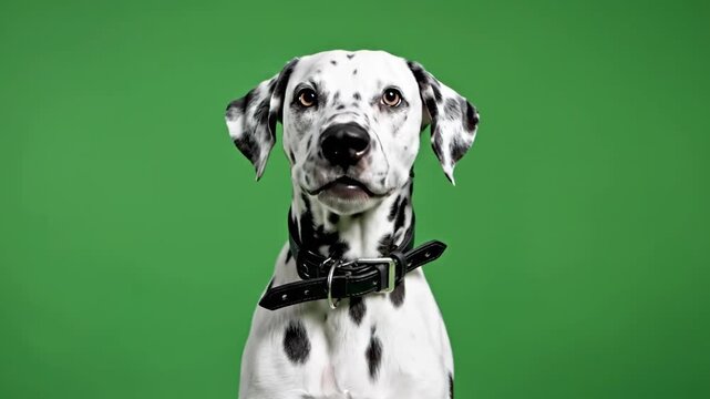 Happy dalmatian dog posing against green screen for pet product advertisements
